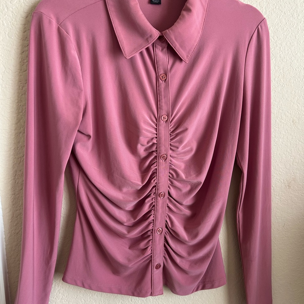 Halogen Mauve Ruched Button-Down Shirt
